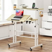 31.5 inch Mobile Standing Desk Adjustable Computer Desk Rolling Laptop Cart Portable Laptop Stand on Wheels Home Office Workstation with Cup Holder,Headphone Holder, Upgrade Maple