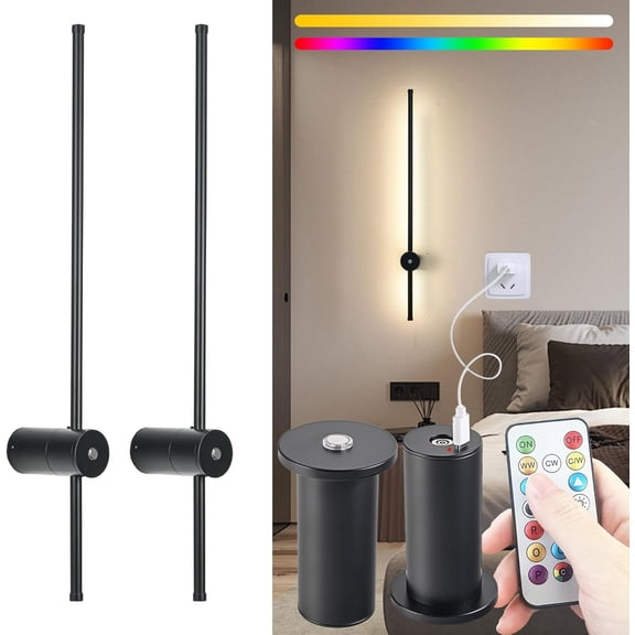 31.5 inch  Operated Wall Sconce Set Of 2, 10000mAh Rechargeable Wall Light With Remote Control, RGB Dimmable  Sconces Wall Decor For Bedroom Living room Hallway, 360?Rotate, Black