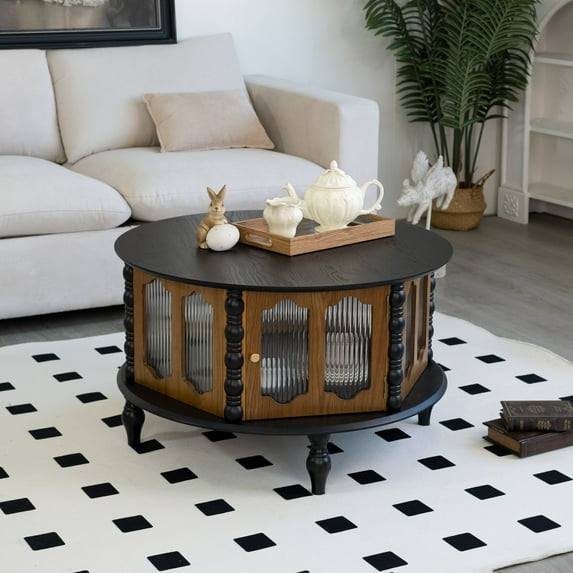 31.5-inch Round Coffee Table with 3 Openable Doors, Modern Accent Coffee Table with Storage, Real Wood Dining Table for Living Room, Apartment Office, Black