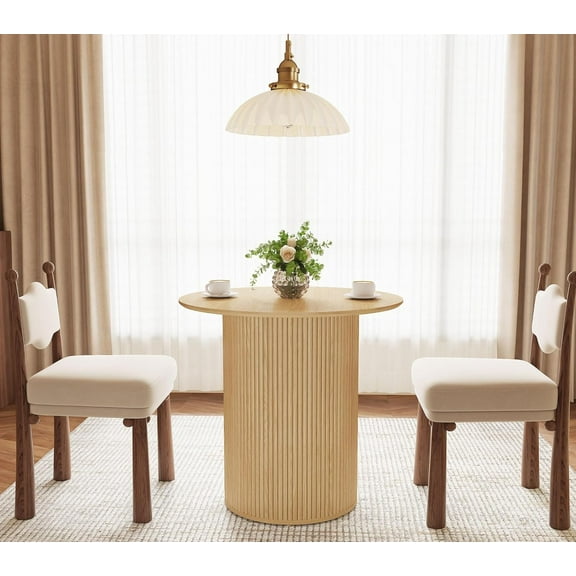 31.5 inch Round Dining Table for 2, Farmhouse Wood Fluted Dinner Table Round Kitchen Table with Wood Fluted Base, Mid-Century Modern Small Circle Dining Room Table for Living Room (Natural)