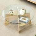 thumbnail image 1 of 31.5 inch Round Glass Coffee Table with Light Wood Grain Legs and Fan-Shaped Base, 1 of 10