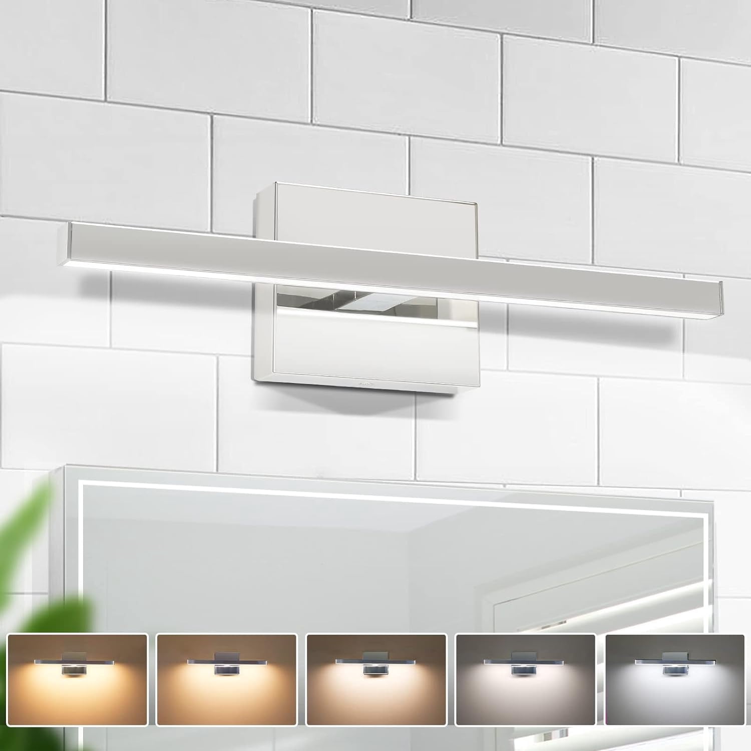 BICRINK 15.74" Brushed Nickel Vanity Light Bar - 18W Dimmable LED Bathroom Mirror Light