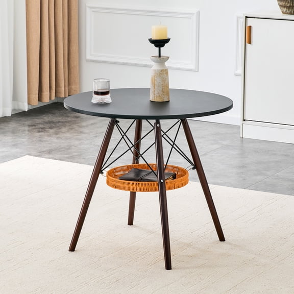 31.5-inch diameter circular dining table, black MDF vacuum formed tabletop, walnut solid wood legs, with suspended woven storage basket structure. A casual coffee table suitable for 2-4 people.