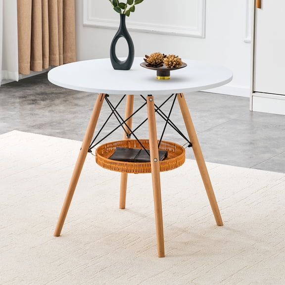 31.5-inch diameter circular dining table, white MDF vacuum formed tabletop, solid wood legs, with suspended woven storage basket structure. A casual coffee table suitable for 2-4 people.