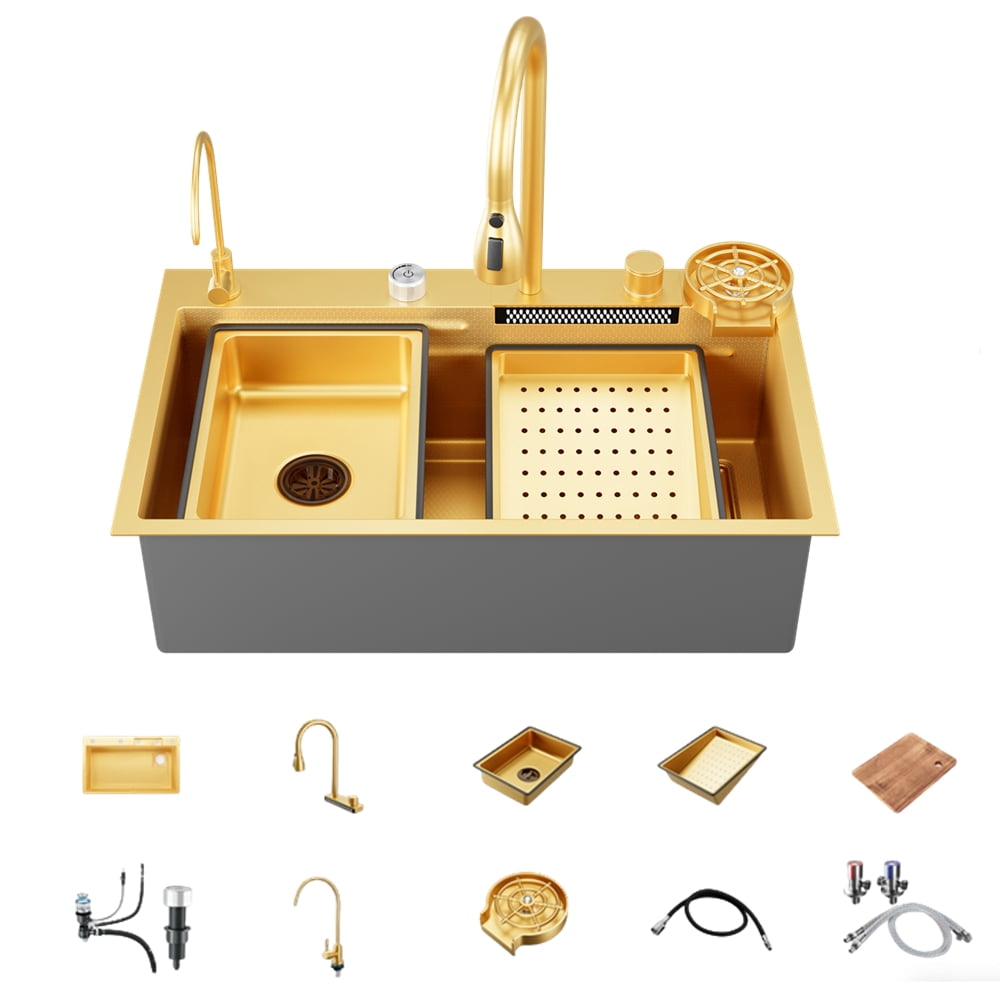 31.5 x 17.7 Inch Gold Drop-In Kitchen Sink Kit: Single Bowl Top-Mount with Multifunctional Flying Rain Pull-Down Sprayer Faucet