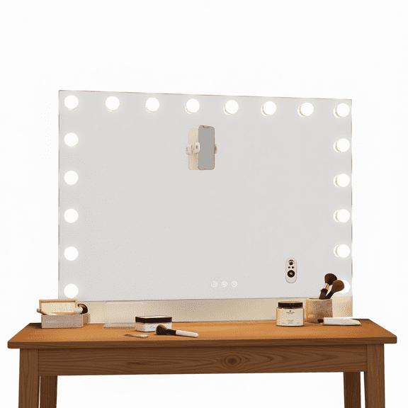 31.5" x 22.8" Lighted Vanity Mirror with Remote, 0.6" Ultra-Thin Hollywood Makeup Mirror, 18 LED Bulbs, Magnetic Phone Holder, Tabletop or Wall Mount