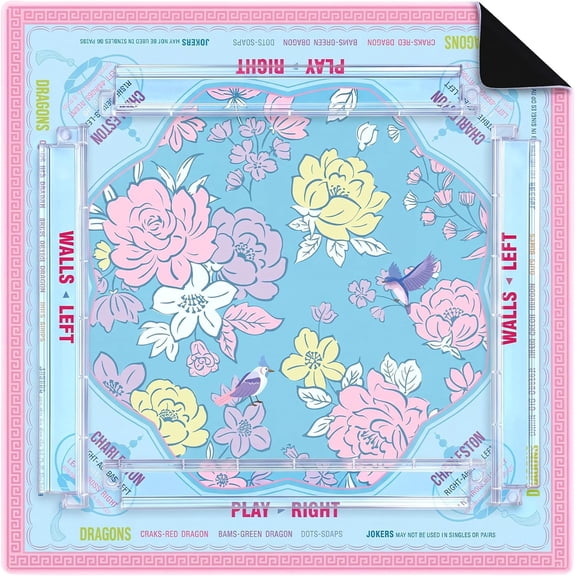 31.5 x 31.5 Blue Chinoiserie American Mahjong Mat with Rules, No Creases, Ships Rolled, and 4 Racks with Pushers, Non-slip Noise Reduction Gaming Mat Set for Mahjong Poker Board Game Dominoes