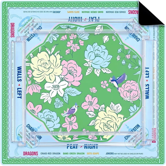 31.5 x 31.5 Green Chinoiserie American Mahjong Mat with Rules, No Crease, Ships Rolled, and 4 Racks with Pushers, Non-Slip Noise Reduction Gaming Mat Set for Mahjong Poker Board Games Domino