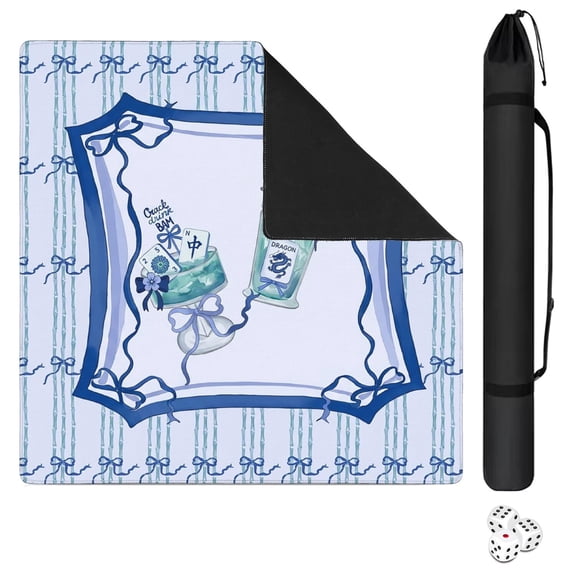 31.5 x 31.5 Inch Mahjong Mat with American Rules Printed, Non-Slip Noise-Reduction Mat with Carrying Bag and 3 Dice for Card Board Poker Tile Games Dominoes (Blue)