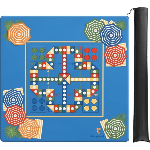 31.5" x 31.5" Ludo Game Mat, Beach Umbrella Pattern Classic Pachisi Board Game Mat, Non-Slip Noise Reducing Table Cover, Portable Washable Game Mat for Ludo, Parcheesi, Family Game Night
