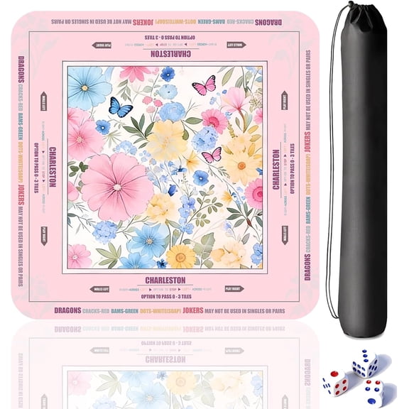 31.5" x 31.5" Mahjong Mat, Anti-Slip Suede Noise-Reducing Mahjong Mat for Table, Soft Foldable Mahjong Table Cloth with Dice & Storage Bag for Poker/Cards/Board Games/Tile Games, Pink Flowers