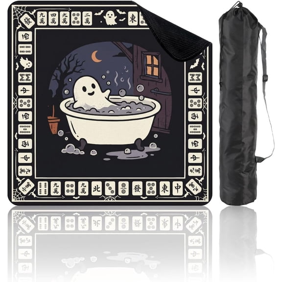 31.5" x 31.5" Mahjong Mat for Table with Carrying Bag Cute Ghost Bathtub Mahjong Tile Border Halloween Theme Non-Slip Noise-Reducing Game Mat for Mahjong Poker Dominoes Board Games