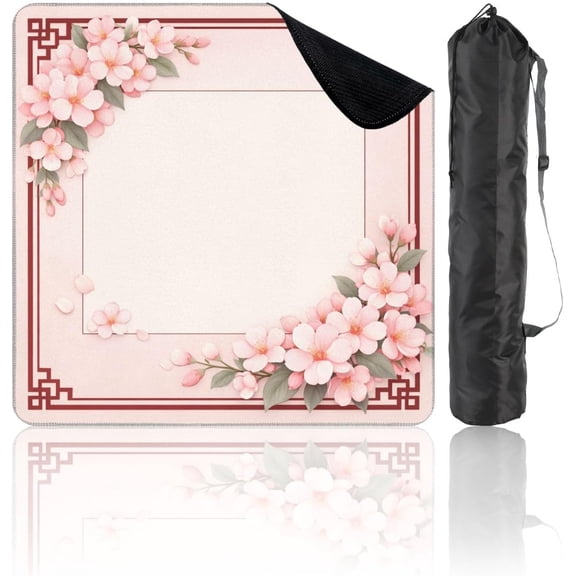 31.5" x 31.5" Mahjong Mat for Table with Carrying Bag Delicate Pink Red Cherry Blossom Floral Frame Soft Gradient Non-Slip Noise-Reducing Game Mat for Mahjong Poker Dominoes Board Games