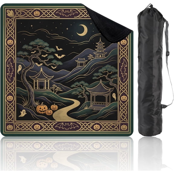 31.5" x 31.5" Mahjong Mat for Table with Carrying Bag Halloween Night Japanese Pagodas Pumpkins Ghosts Scenic Landscape Non-Slip Noise-Reducing Game Mat for Mahjong Poker Dominoes Board Games