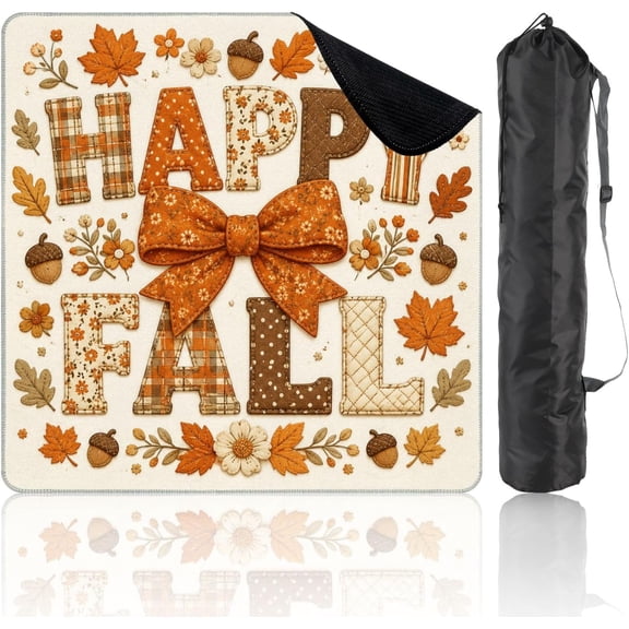31.5" x 31.5" Mahjong Mat for Table with Carrying Bag Happy Fall Autumn Leaves Floral Patterned Text Non-Slip Noise-Reducing Game Mat for Mahjong Poker Dominoes Board Games