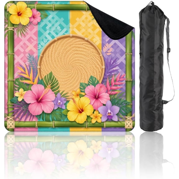 31.5" x 31.5" Mahjong Mat for Table with Carrying Bag Tropical Hibiscus Orchid Floral Frame Colorful Bamboo Border Non-Slip Noise-Reducing Game Mat for Mahjong Poker Dominoes Board Games