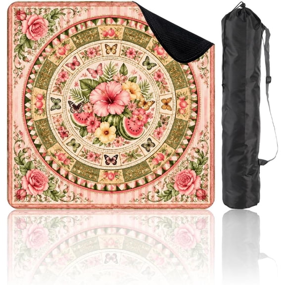 31.5" x 31.5" Mahjong Mat for Table Floral Mandala Design Butterflies Ladybugs Roses Pink Striped Non-Slip Noise-Reducing Game Mat for Mahjong Poker Dominoes Board Games
