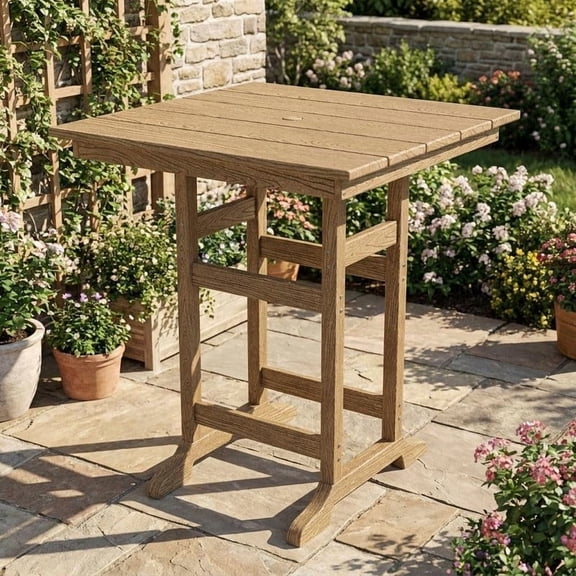 31.5" x 31.5" Square Bar Table, Patio HDPE Bar Height Dining Table, Outdoor All-Weather Tall Bistro Table for Backyard, Balcony, Brown