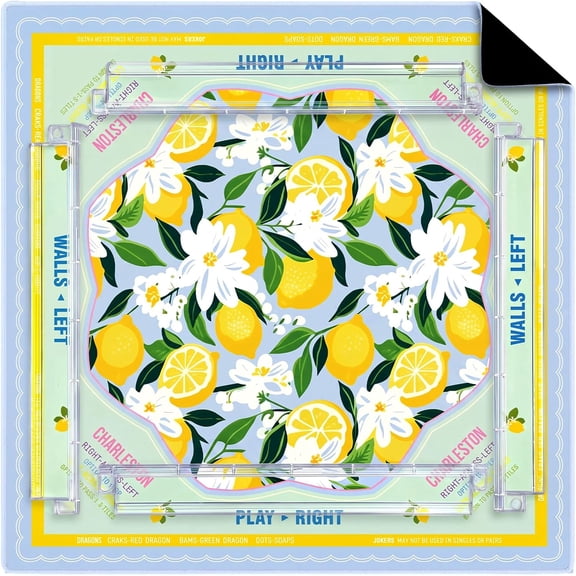31.5 x 31.5 Yellow Lemon American Mahjong Mat with Rules, No Creases, Ships Rolled, and 4 Racks with Pushers, Non-Slip Noise Reduction Gaming Mat Set for Mahjong Poker Board Games Dominoes