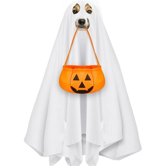 31.5 x 47.2 Large Halloween Ghost Dog Costume Sets Includes Dog Costumes with Bucket, Ghost Costume with Felt Pumpkin Bucket for Halloween Medium Large Doggy Cat Trick or Treat Bags
