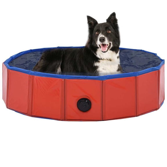 31.5" x 7.9" Foldable Dog Swimming Pool, Collapsible Pet Bath Pool for Small to Medium Dogs Cats, Hard Wearing PVC Anti Slip Outdoor Indoor Bathing Tub, Red
