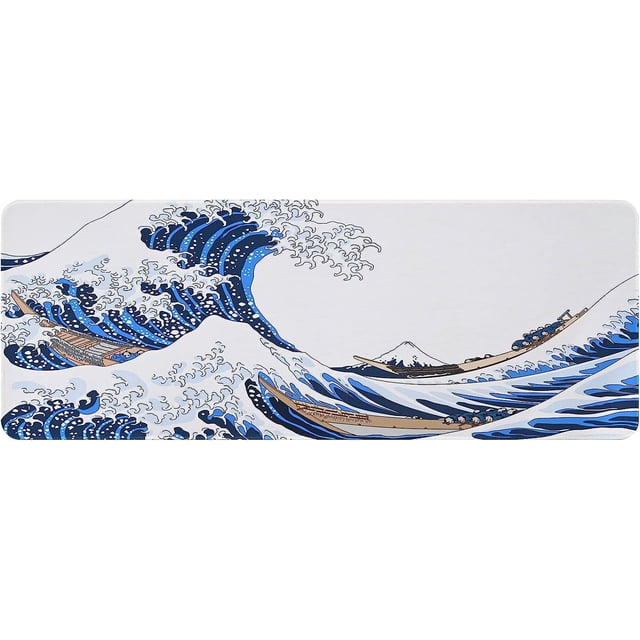31.5"x11.8"Extended Large Gaming Mouse Pad,XL Large Non-Slip Rubber Base Mousepad with Stitched Edges,Waterproof Keyboard Mouse Mat Desk Pad,Japanese Sea Wave, White and Blue Tones