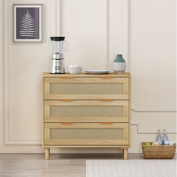 GUTALOR 31.50"3-Drawers Rattan Storage Cabinet Rattan Drawer,for Bedroom,Living Room,Dining Room,Hallways,Oak