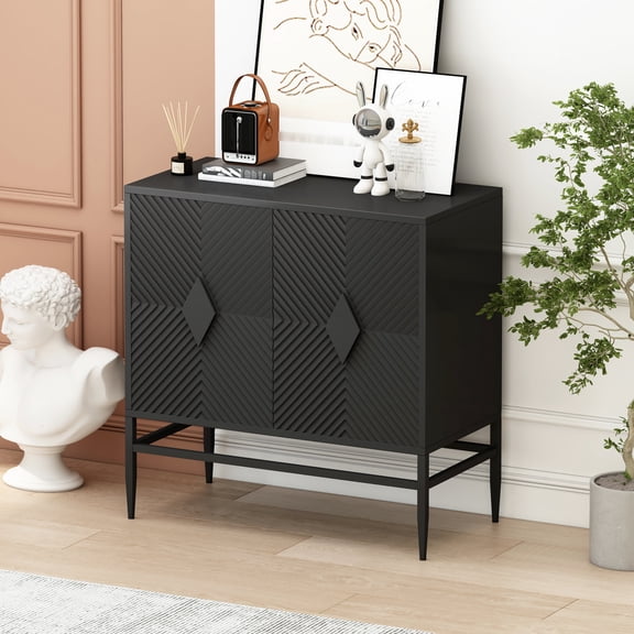 31.50" Black Painted Accent Cabinet with Metal Legs for Living Room Dining Room Two-tier Storage Concealed Hinges