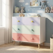 31.50''Colorful Multi-Purpose Kids Dresser, 3-Drawer Nursery Chest with Cute Cartoon Handles, Smooth Euro Glides and Anti-Tipping Safety for Toddler Bedroom