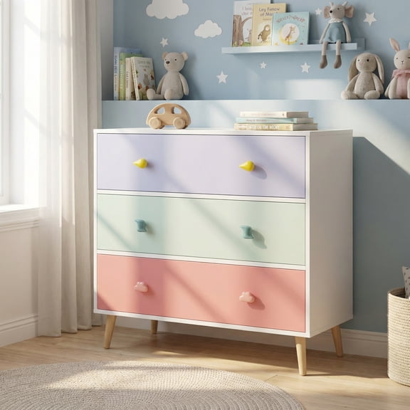 31.50''Colorful Multi-Purpose Kids Dresser, 3-Drawer Nursery Chest with Cute Cartoon Handles, Smooth Euro Glides and Anti-Tipping Safety for Toddler Bedroom