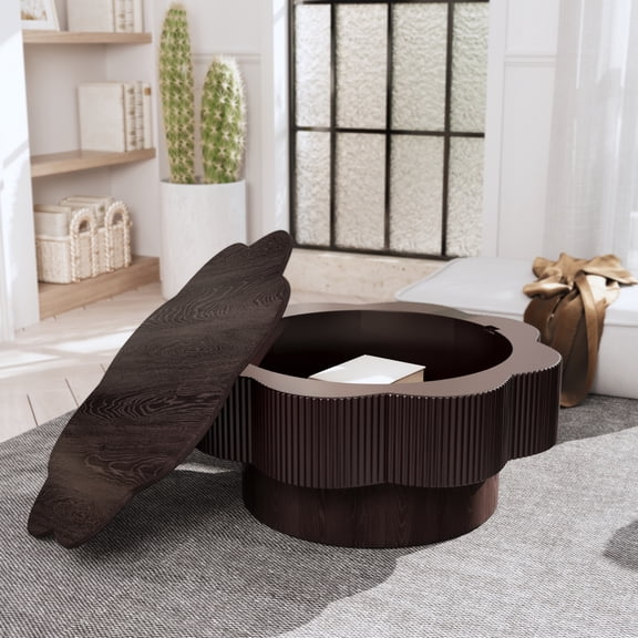 31.50"Modern Flower Shaped Coffee Table, Plum Blossom Shaped Coffee Table with Storage Natural Wood Veneer, for LivingRoom, Apartment, Office, Easy Assembly, Dark Brown
