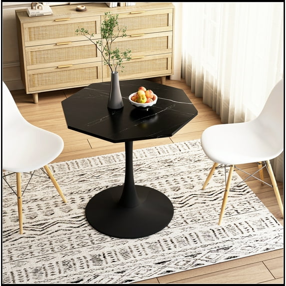 31.50"Modern Octagonal Coffee Table with Printed Black Marble Table Top,Metal Base,
