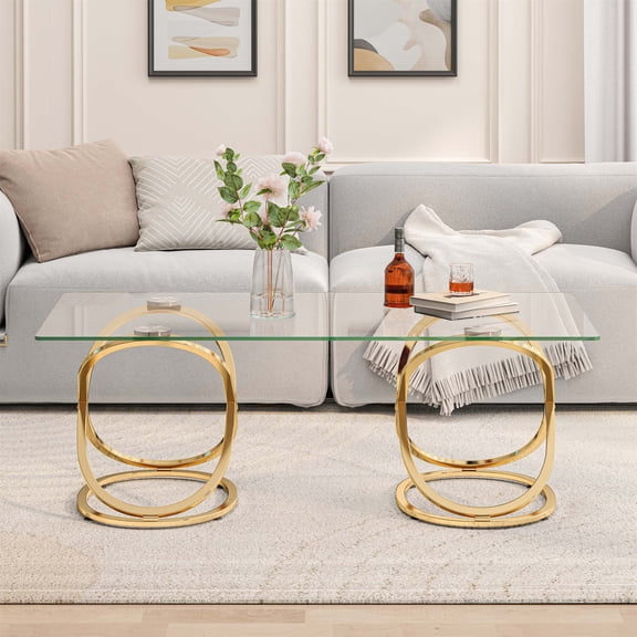 31.50'' Modern Rectangle Glass Coffee Table with Ring-Shaped Frames, Metal Frame and Clear Tempered Glass, Luxury Center Table for Living Room, Bedroom and Office, Gold
