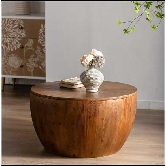 31.50"Vintage Style Bucket Shaped Coffee Table with storage function, for Office, Dining Room and Living Room, Brown