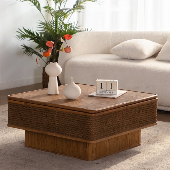 31.52"Square Rattan + Hemp Rope Coffee Table With Adjustable Storage Function, Featuring A Vintage Natural Style,for Dining Room, Kitchen And Living Room,Natural