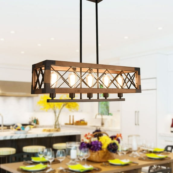 31.5In 5-Light Farmhouse Wood Chandelier, Rustic Dimmable Pendant Light for Kitchen Island