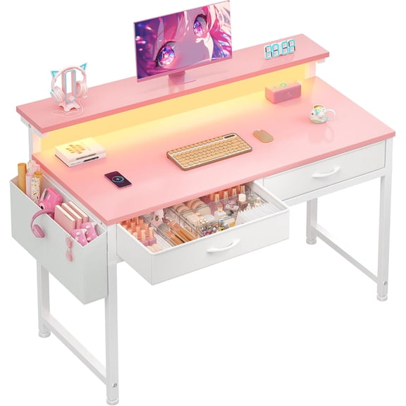 31.5Inch Small Computer Desk with LED Lights & 2 Fabric Drawers, Gaming Desk with Side Pocket & Ergonomic Monitor Stand, Small Space Study Writing Table with Anti-Tip Design,Pink