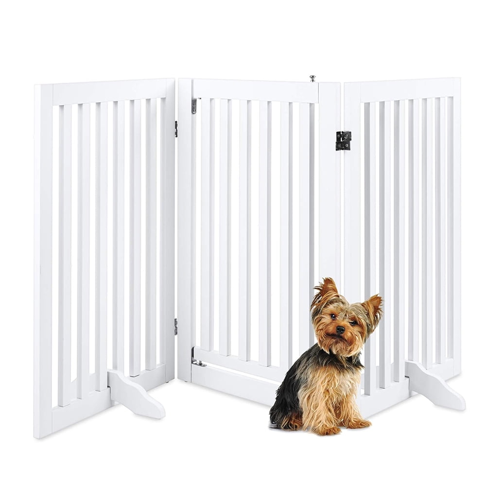 White Freestanding Solid Wood Pet Gate with Swing Door