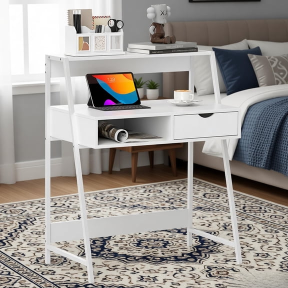 31.5in Compact Computer Desk with Storage 2 Open Shelves 1 Drawer White Steel Frame P2 Particle Board Small Home Office Desk for Bedroom Dorm Room Study Gaming Apartment Workspace