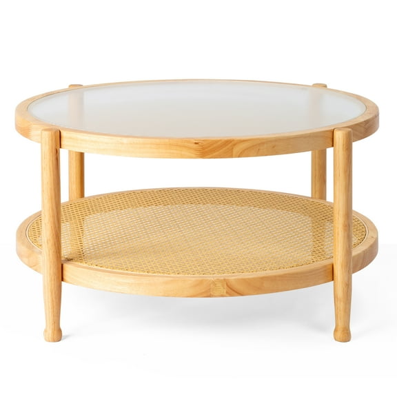 31.5in Rattan Coffee Table with Glass Top, Round End Table, Boho Style Side Table Sofa End Table for Living Room Balcony Patio, Natural