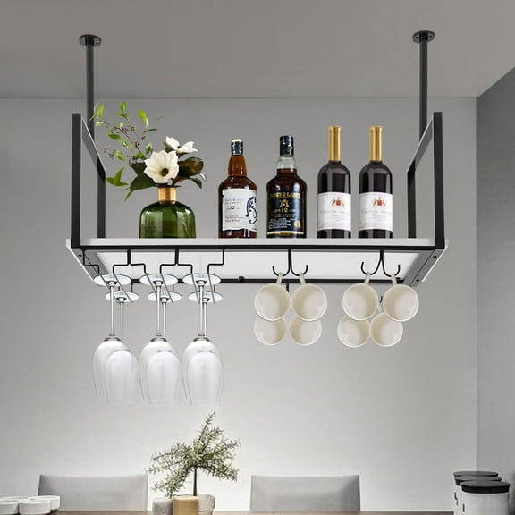 31.5in Wine Bottle Rack Industrial Wine Glass Rack Hanging Wine Rack with Glass Holder and Shelf Ceiling Mounted Cup Holder Black/Gold Wine Glass Rack 110 lbs