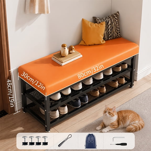 31.5inch cushioned shoe storage stool, double-layer shoe sorting organizer, sturdy metal frame, household storage items for indoor use at corridor entrances