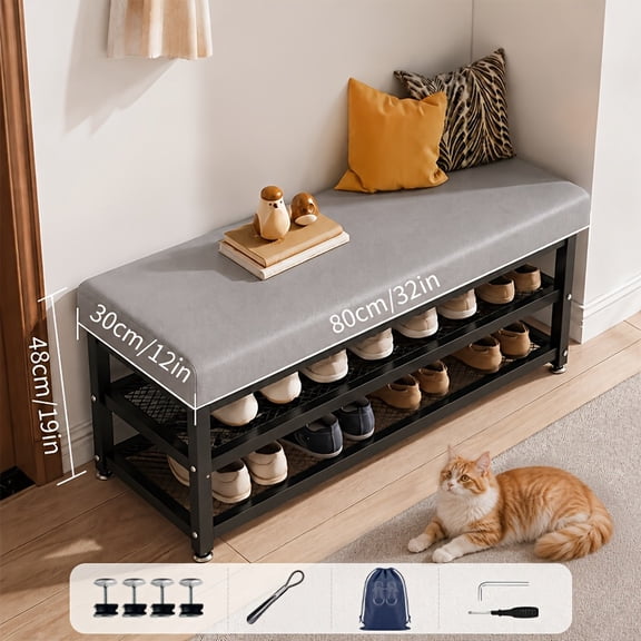 31.5inch cushioned shoe storage stool, double-layer shoe sorting organizer, sturdy metal frame, household storage items for indoor use at corridor entrances