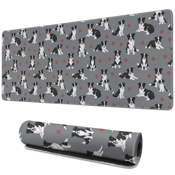 31.5x11.8 Inch Gaming Mouse Pad, Non-Slip Stitched Rubber Desk Mat for Desktop & Laptop,Border Collie Paw Print Gray Pattern