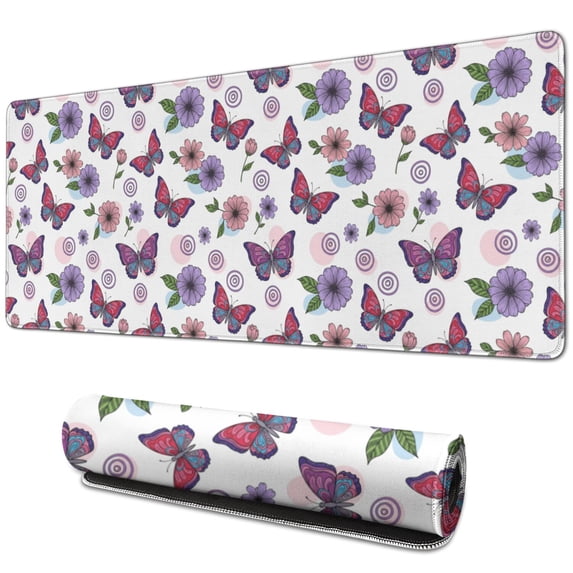 31.5x11.8 Inch Gaming Mouse Pad, Non-Slip Stitched Rubber Desk Mat for Desktop & Laptop,Butterfly Floral Swirl White Pattern