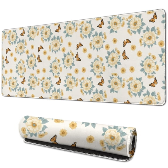 31.5x11.8 Inch Gaming Mouse Pad, Non-Slip Stitched Rubber Desk Mat for Desktop & Laptop,Butterfly Floral Vintage Beige Pattern
