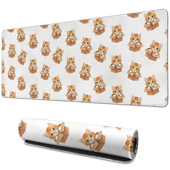 31.5x11.8 Inch Gaming Mouse Pad, Non-Slip Stitched Rubber Desk Mat for Desktop & Laptop,Cat Box Orange White Pattern
