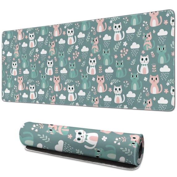 31.5x11.8 Inch Gaming Mouse Pad, Non-Slip Stitched Rubber Desk Mat for Desktop & Laptop,Cat Cloud Floral Teal Pattern