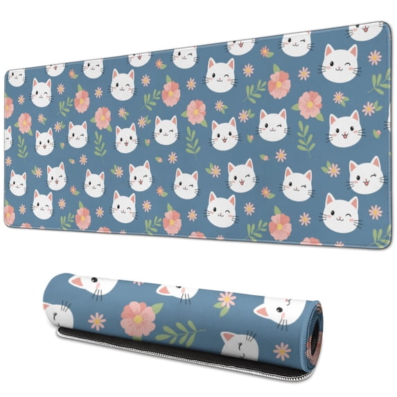 31.5x11.8 Inch Gaming Mouse Pad, Non-Slip Stitched Rubber Desk Mat for Desktop & Laptop,Cat Floral Blue Pattern