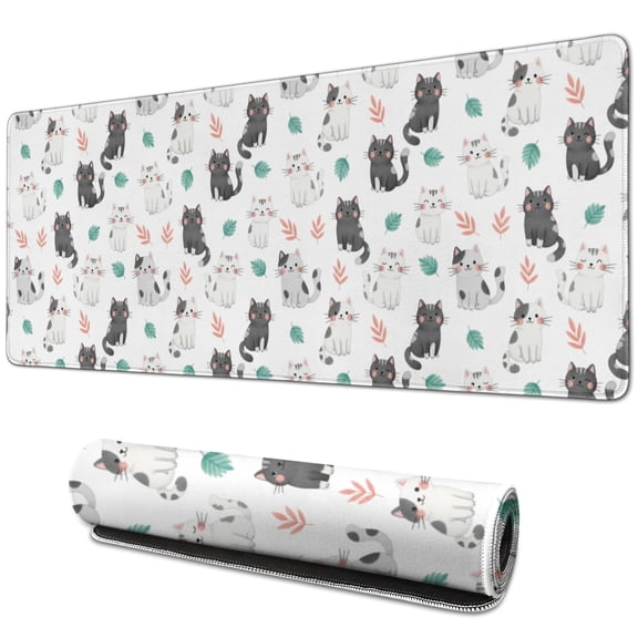 31.5x11.8 Inch Gaming Mouse Pad, Non-Slip Stitched Rubber Desk Mat for Desktop & Laptop,Cat Floral Leaf White Pattern